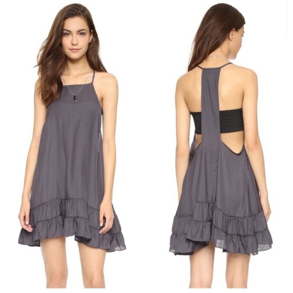 Free People Raven charcoal tiered ruffle hem mini slip dress medium oversized - Picture 1 of 5
